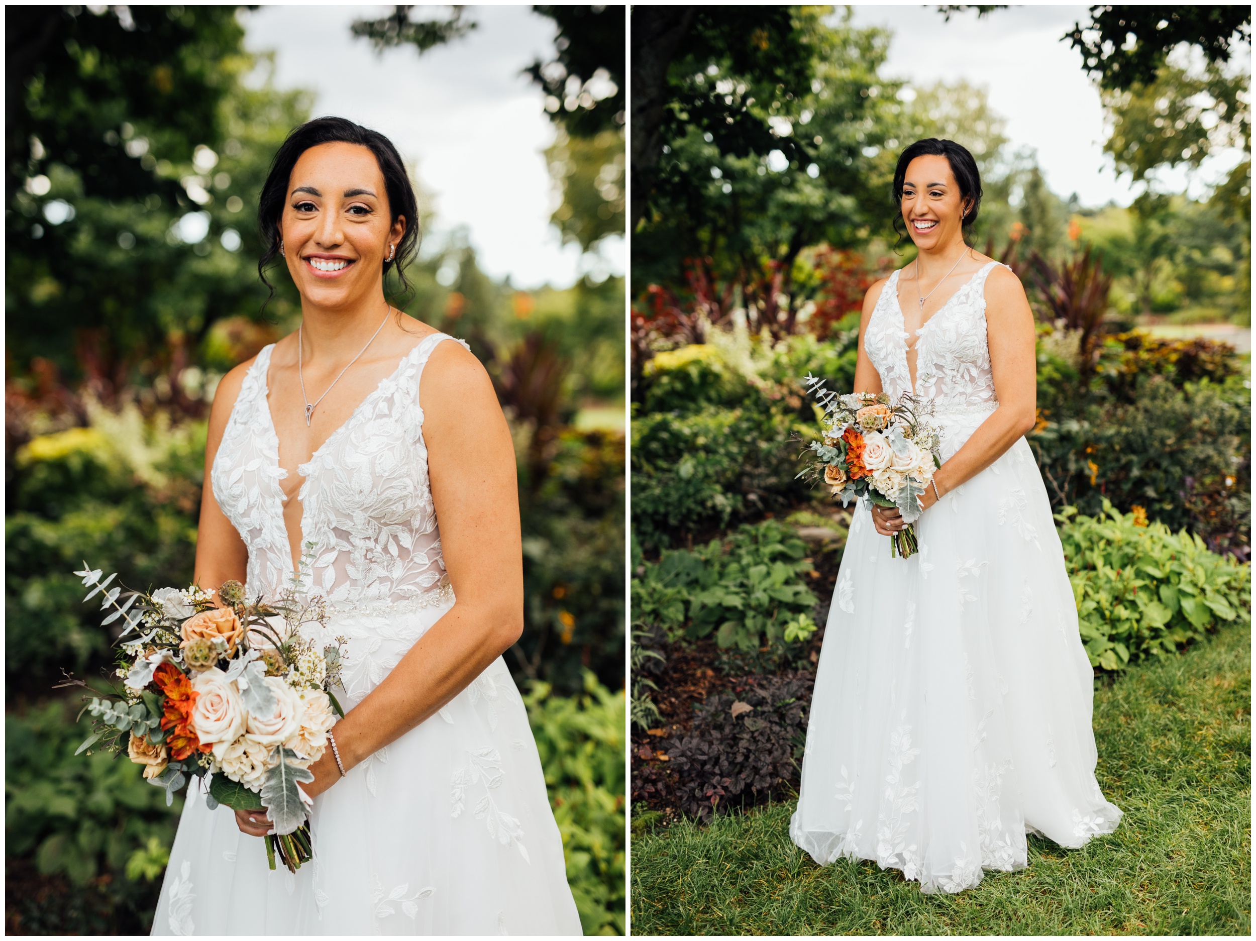 Wedding portrait of bride with autumn toned bouquet at New England Botanic Garden at Tower Hill